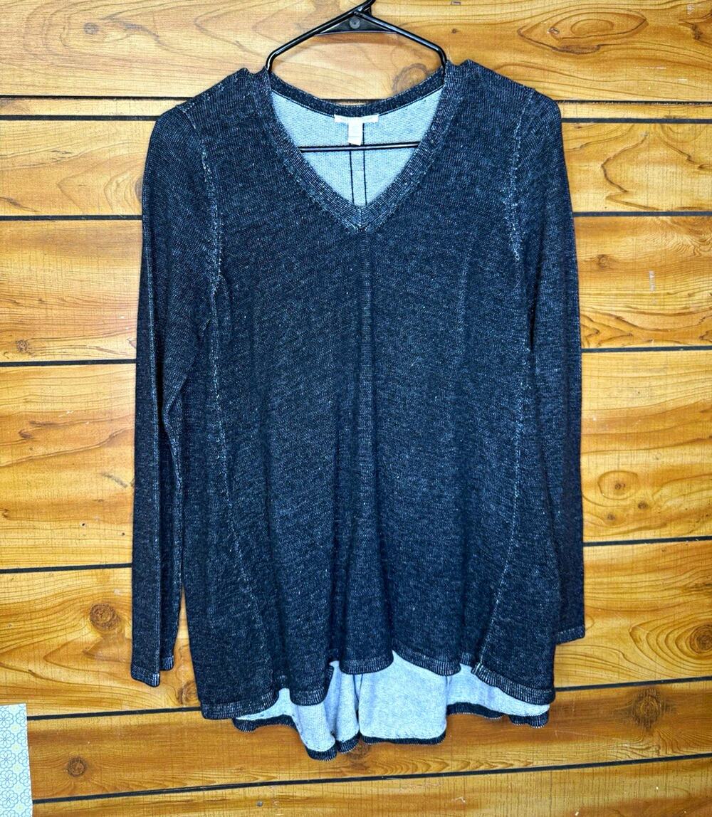 Eileen Fisher Womens Gray Organic Cotton Knit V-Neck Long Sleeve Top Sz S